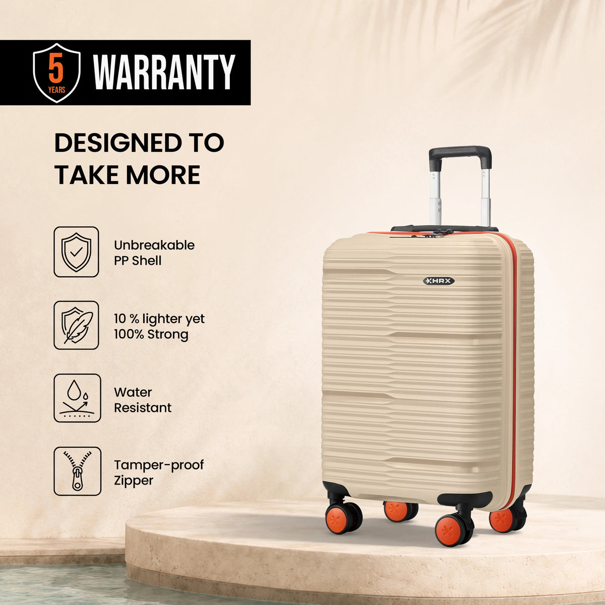 Light beige cabin suitcase with unbreakable PP shell, water-resistant design, and 8 wheels