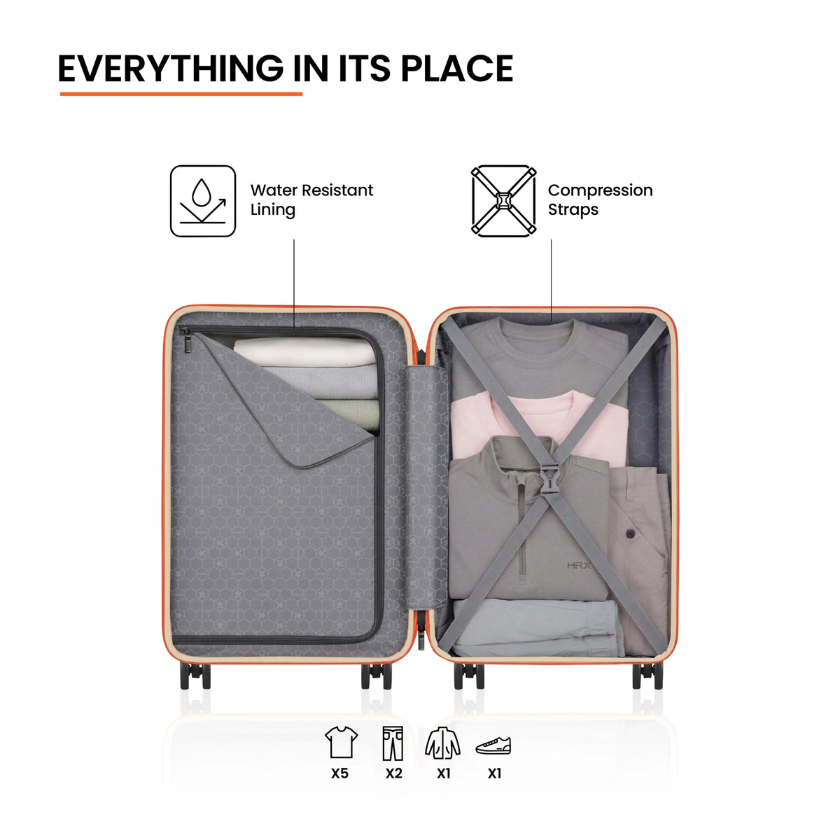 Open cabin suitcase interior with zip compartments, compression straps, and water-resistant lining