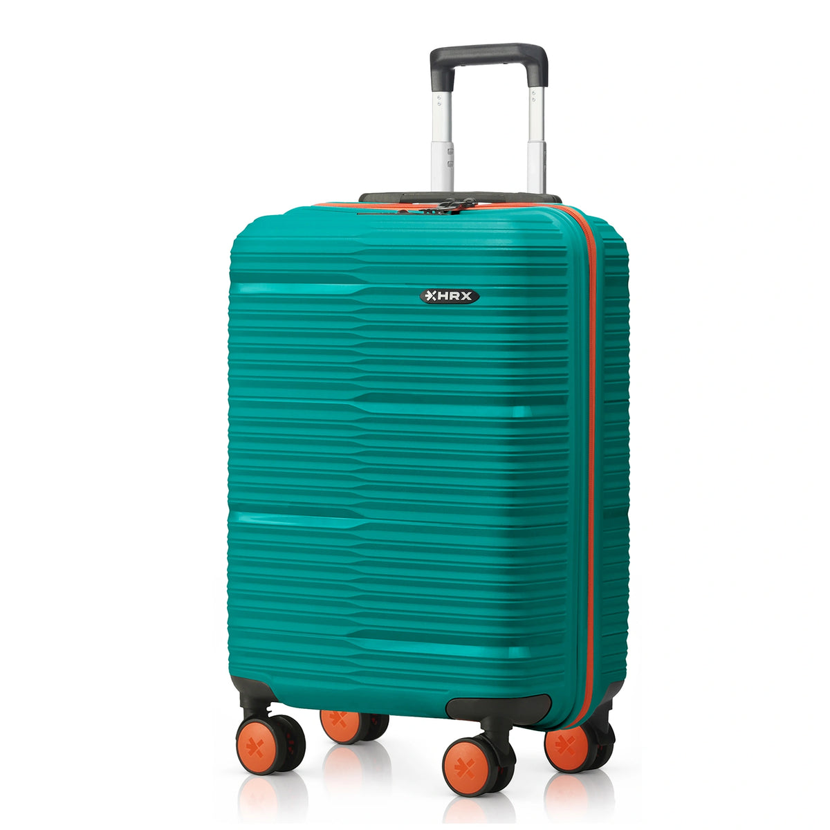 Teal small cabin suitcase with ridged shell, telescopic handle, and four orange spinner wheels