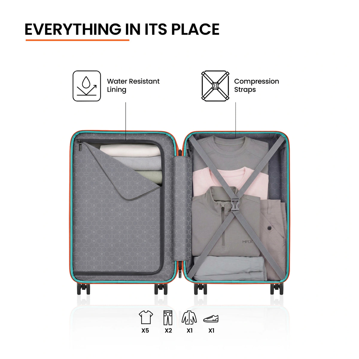 Teal small cabin suitcase opened to reveal two compartments and compression straps with lining