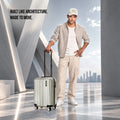 Light silver cabin polycarbonate suitcase with 8 wheels, side handle, and textured shell