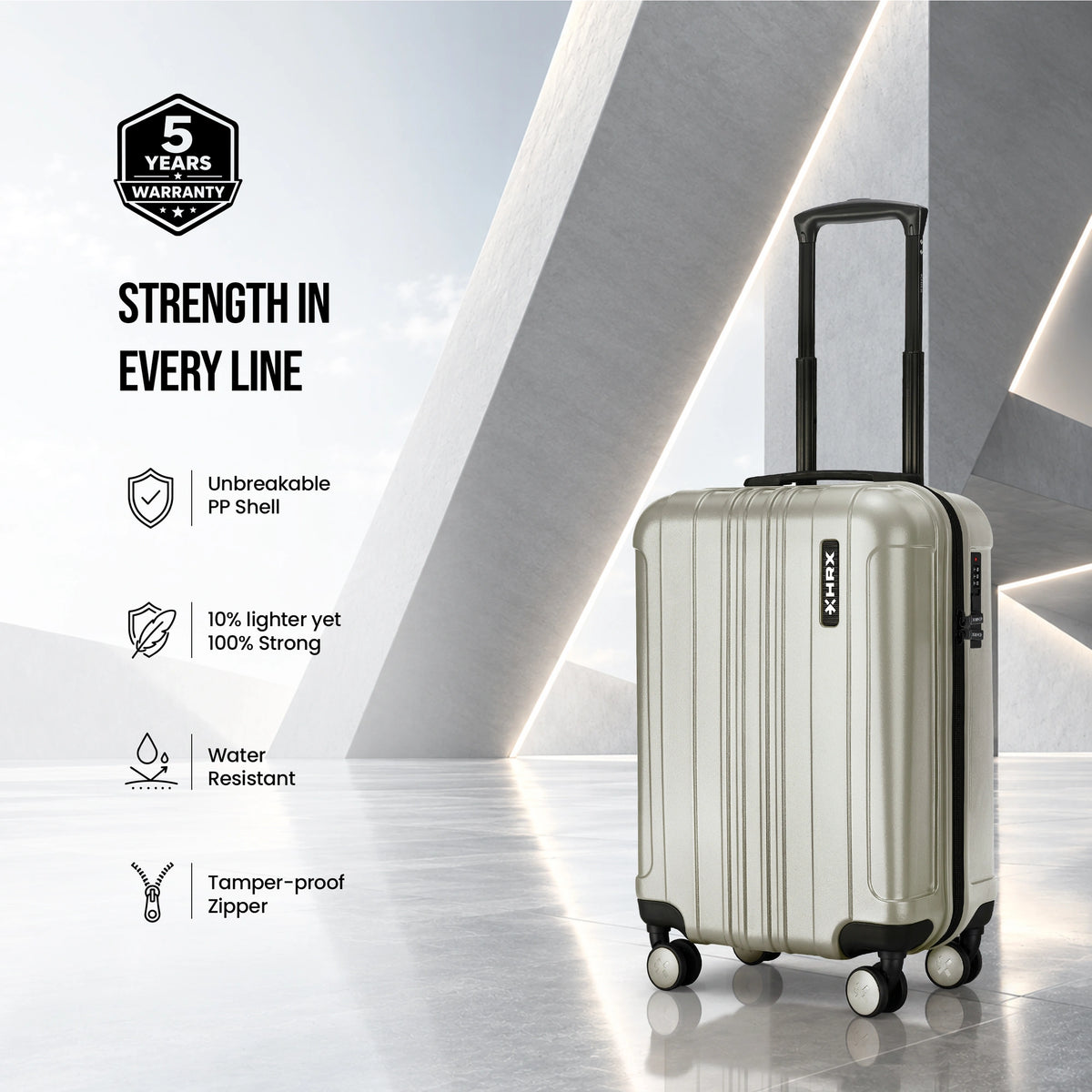 Light silver cabin polycarbonate suitcase with 8 wheels and tamper-proof zipper