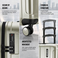 Light silver polycarbonate suitcase details: recessed lock, 360° wheels, and dual handle