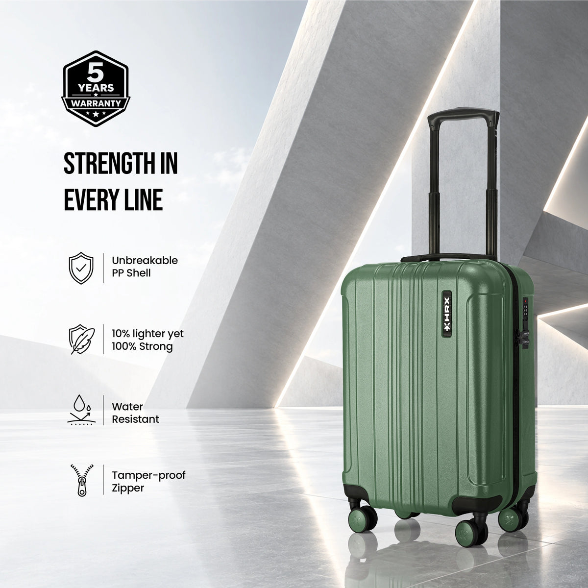 Dark green HRX Force small cabin suitcase with extendable handle and 8 spinner wheels