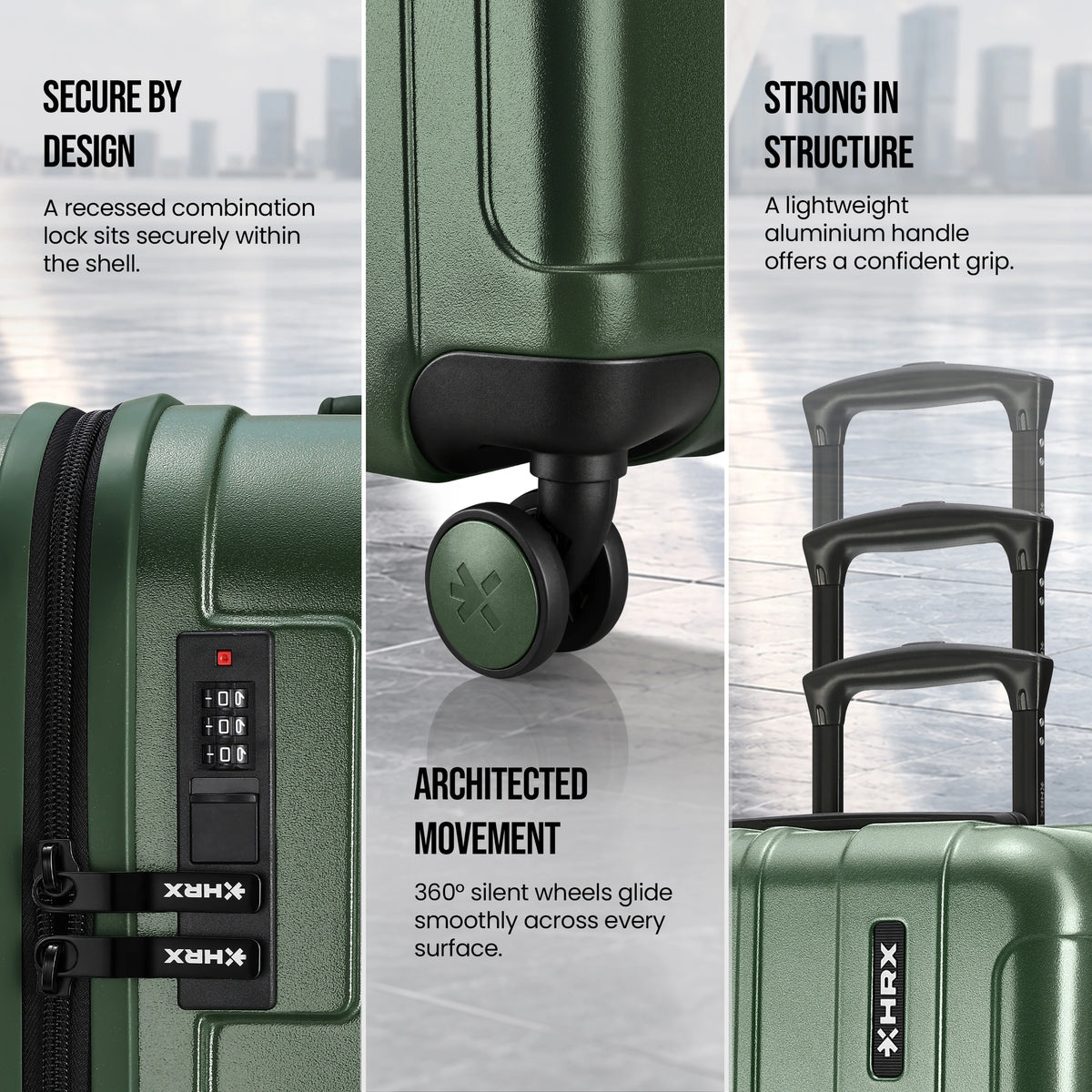 Dark green HRX Force suitcase close-up: textured polycarbonate shell, wheels, and handle
