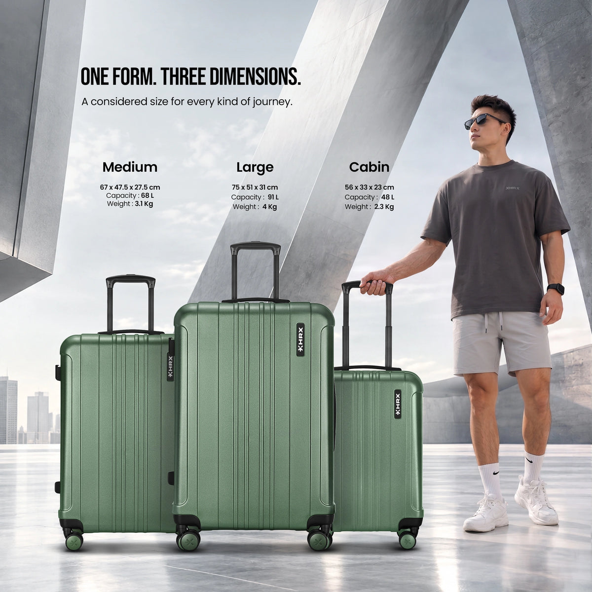 Dark green HRX Force cabin suitcase with extendable handle and 8 spinner wheels