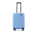 Light blue suitcase back view with telescopic handle and corner wheels.