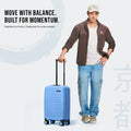 Blue 8-wheel carry-on suitcase with telescopic aluminum handle.