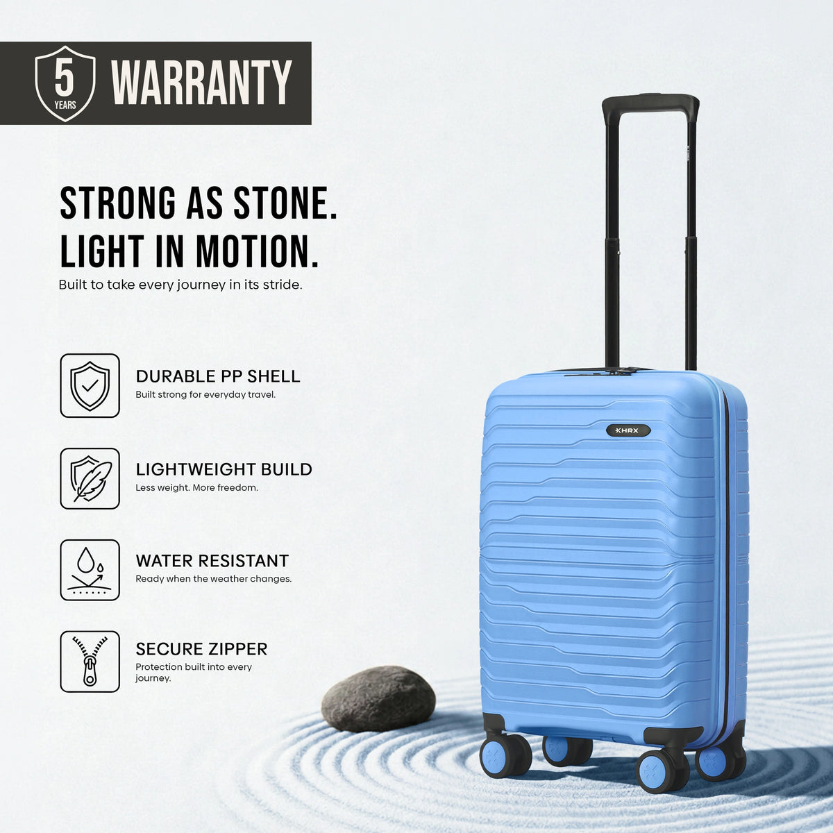 Blue hard-shell suitcase with telescopic handle and 8 spinner wheels.