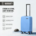 Blue hard-shell suitcase with telescopic handle and 8 spinner wheels.