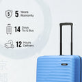 Blue suitcase front view with telescopic handle and smooth 8-wheel base.