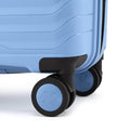 Small cabin suitcase wheel on blue shell with black wheel mount and caster