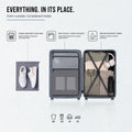 Open blue suitcase interior with mesh pockets, shoe bag, and organizer compartments.