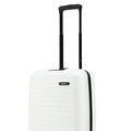 Small white hard-shell cabin suitcase with black telescopic handle and ridged texture
