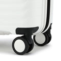 White suitcase wheel assembly with black corner support and inline caster wheels