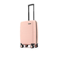 Peach small cabin suitcase side view with telescopic handle and textured shell
