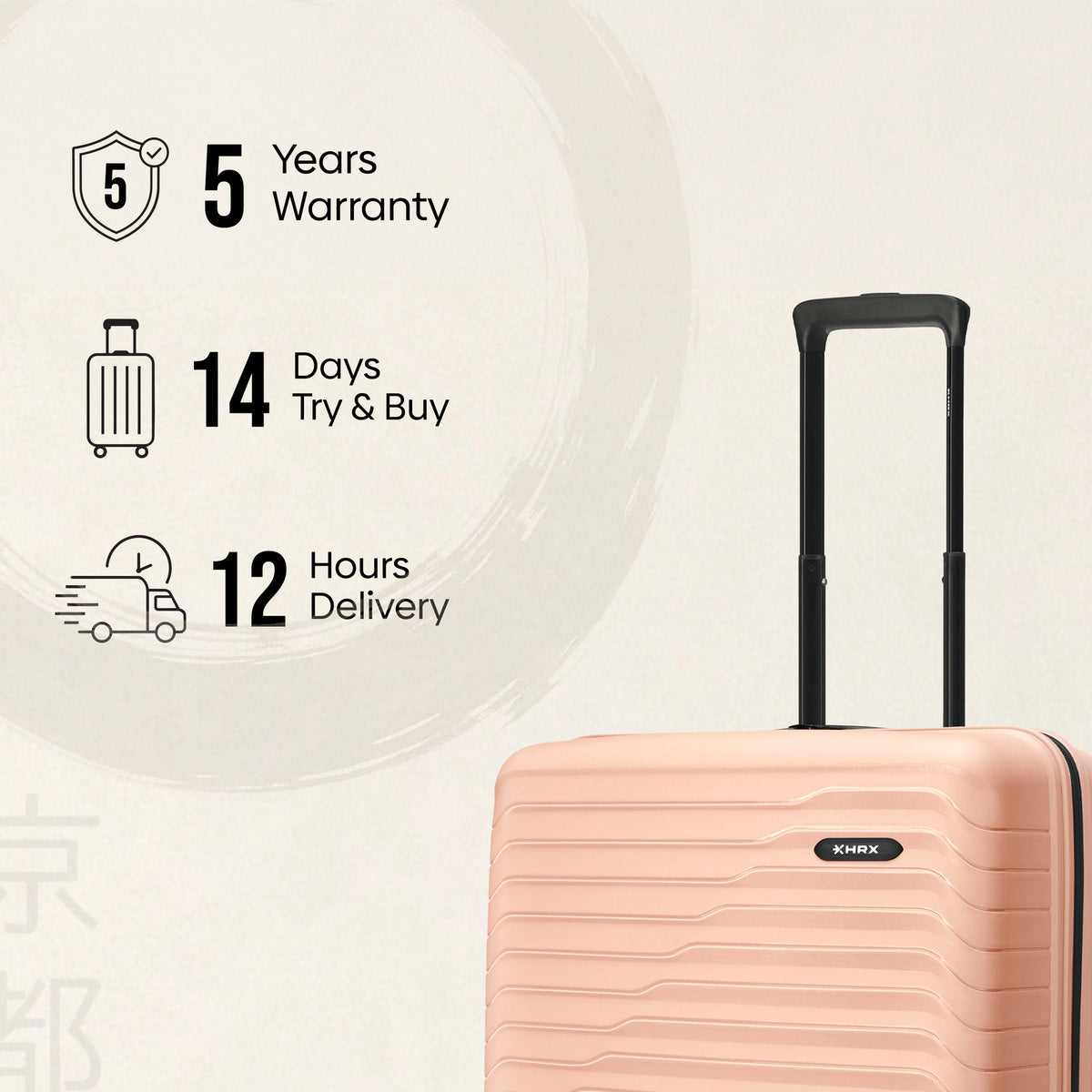 Peach polypropylene cabin suitcase front view with upright telescopic handle