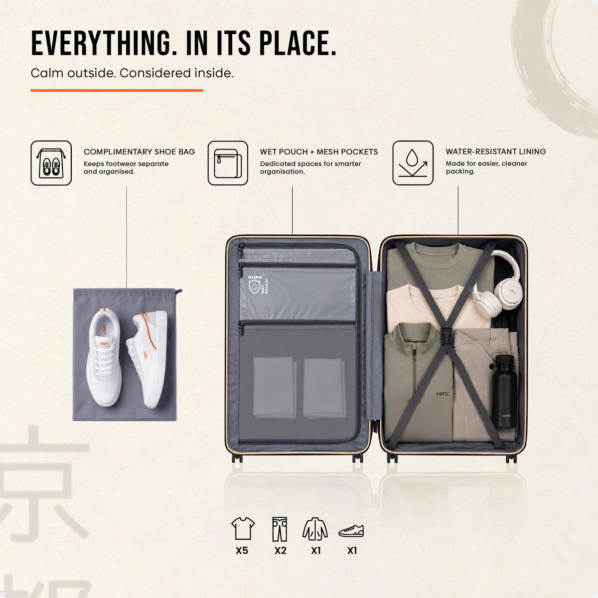 Opened interior of a black-edged luggage shell with compartments and accessories