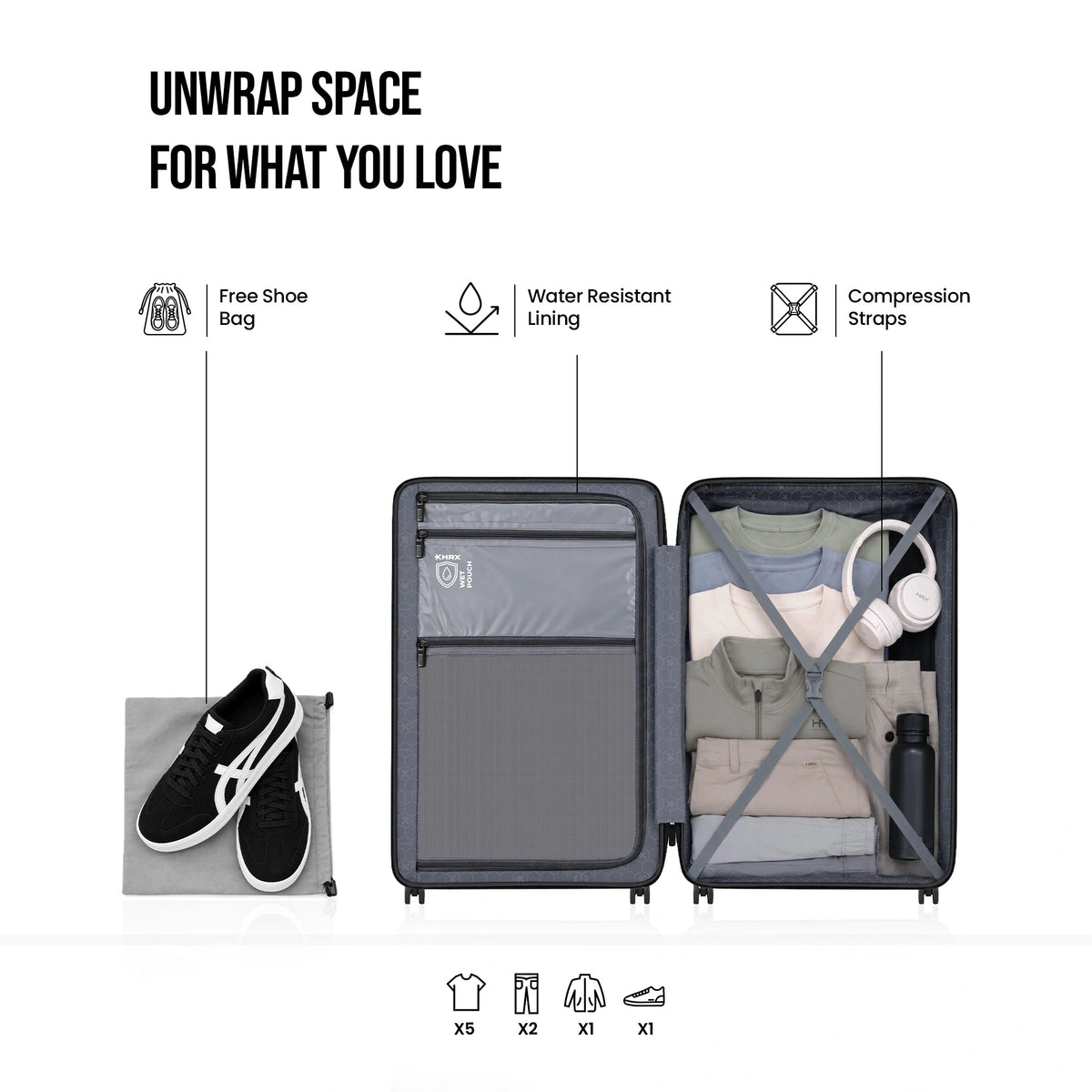 Open blue cabin suitcase with mesh divider, compression straps, and included shoe bag.