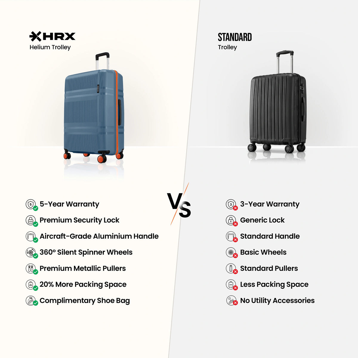 Blue and black hard-shell cabin suitcases with wheels, shown side by side.