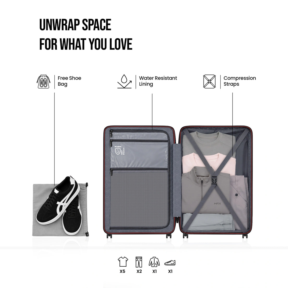 Opened suitcase interior with grey lining, compression straps, and separate clothing compartments.