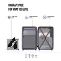 Opened suitcase interior with grey lining, compression straps, and separate clothing compartments.
