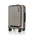 Silver hard-shell trolley front with orange-edged border and HRX logo, 4 small wheels.