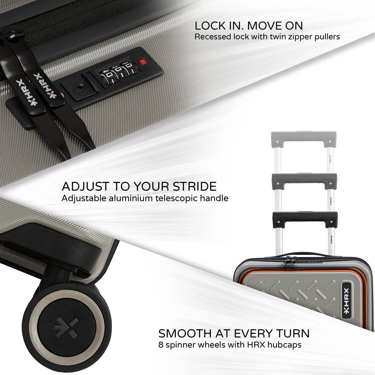 Trolley with adjustable telescopic handle, recessed lock area, and spinner wheels.