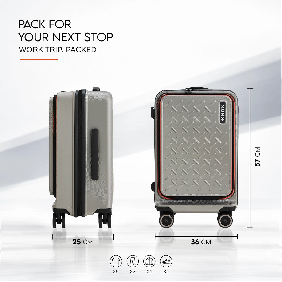 Silver trolley side profile with orange trim, handle extended, and front-mounted wheels.