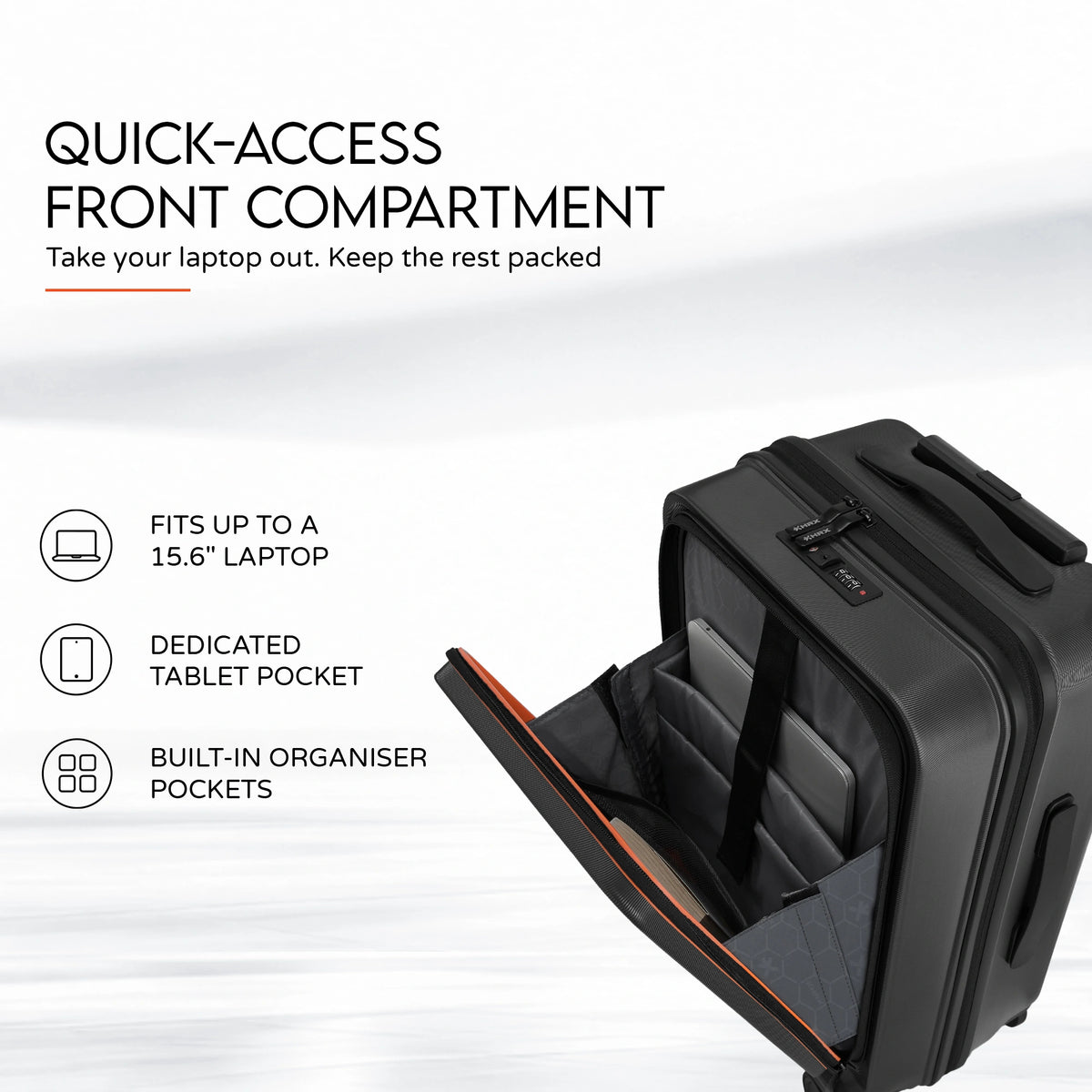 Black front-opening trolley with quick-access compartment for up to 15.6 in laptop