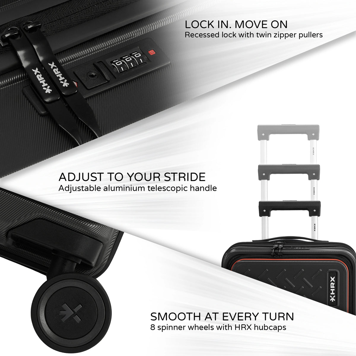 Black trolley with recessed lock and telescopic handle; zipper track and pull detail
