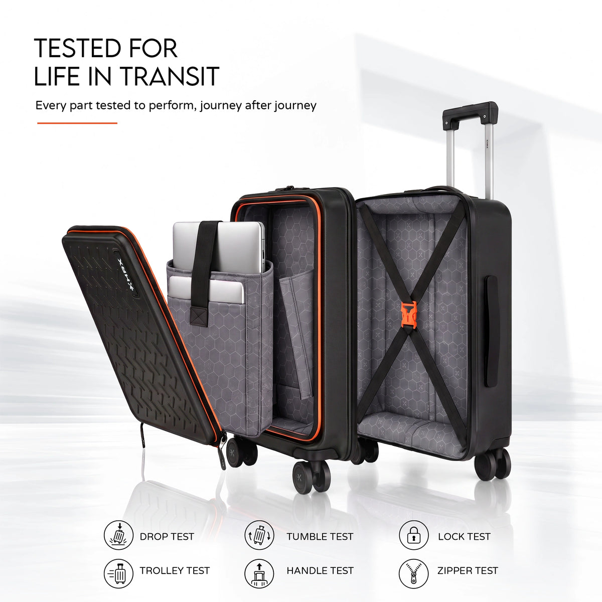 Black trolley shown open with laptop compartment and interior organizer panels