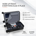 Opened trolley with grey lining and organizer panels for laptop and accessories, 4 wheels.