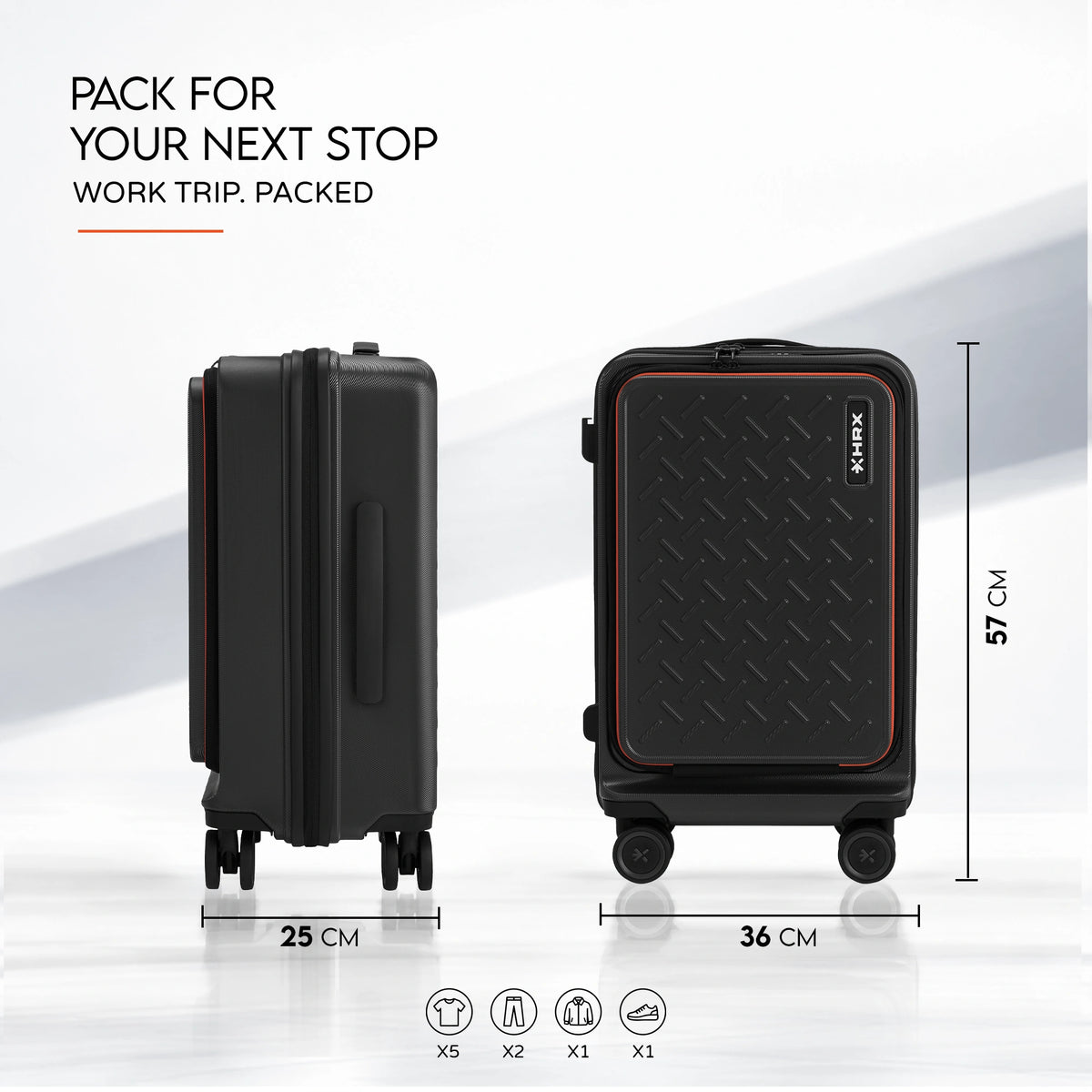 Black trolley suitcase with side handle and red-trimmed front; size shown