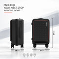 Black trolley suitcase with side handle and red-trimmed front; size shown