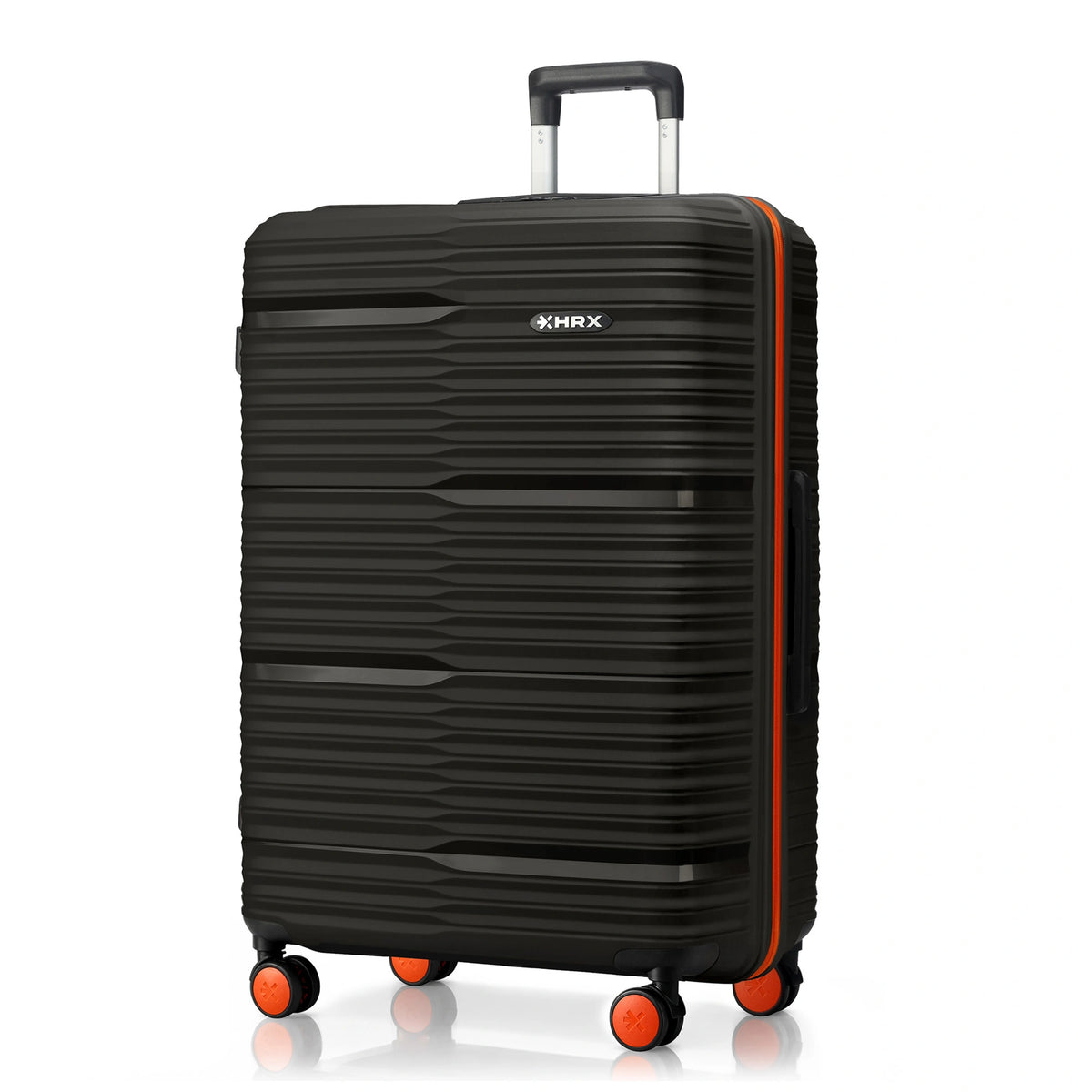 Large check-in suitcase front view in dark color with telescopic handle and wheels