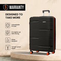 Large check-in suitcase side view in dark color with durable shell and four wheels