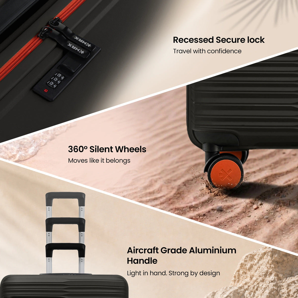 Large check-in suitcase showing recessed secure lock, silent 360 wheels, and handle