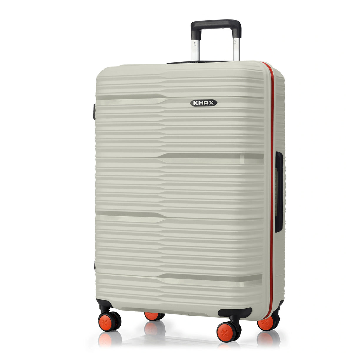 Light gray hard-shell 75 cm suitcase with top handle and 4 spinner wheel set