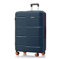 Large check-in suitcase, navy polypropylene shell with telescopic handle and 8 wheels