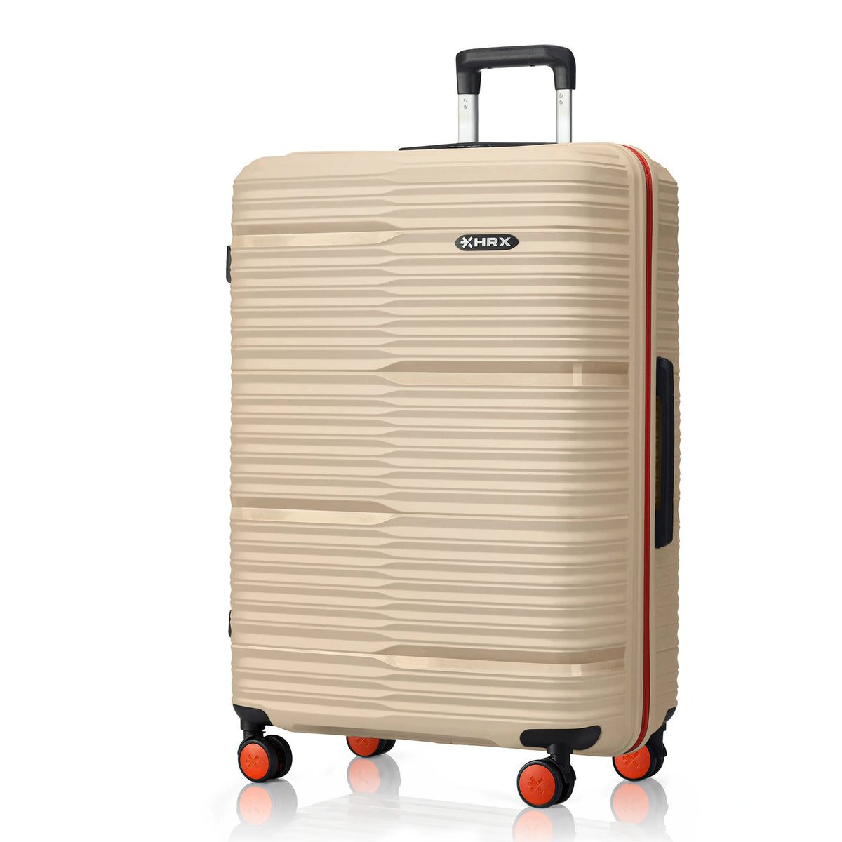 Beige large check-in suitcase with ridged shell, side handle, and 4 spinner wheels