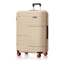Beige large check-in suitcase with ridged shell, side handle, and 4 spinner wheels