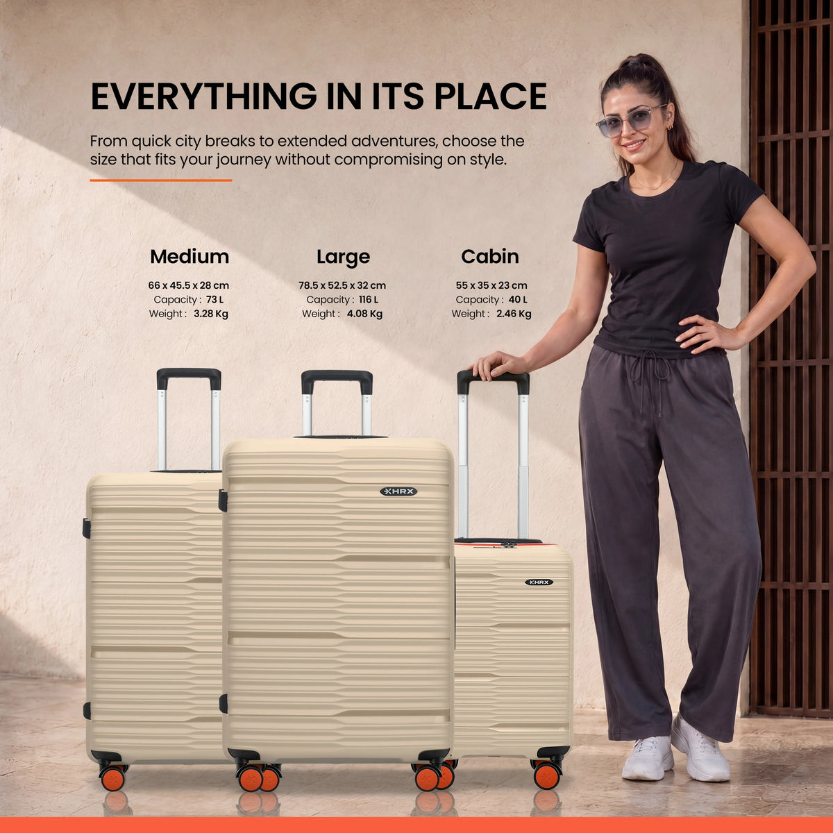Set of large, medium, and cabin HRX Zanzibar suitcases in beige with spinner wheels