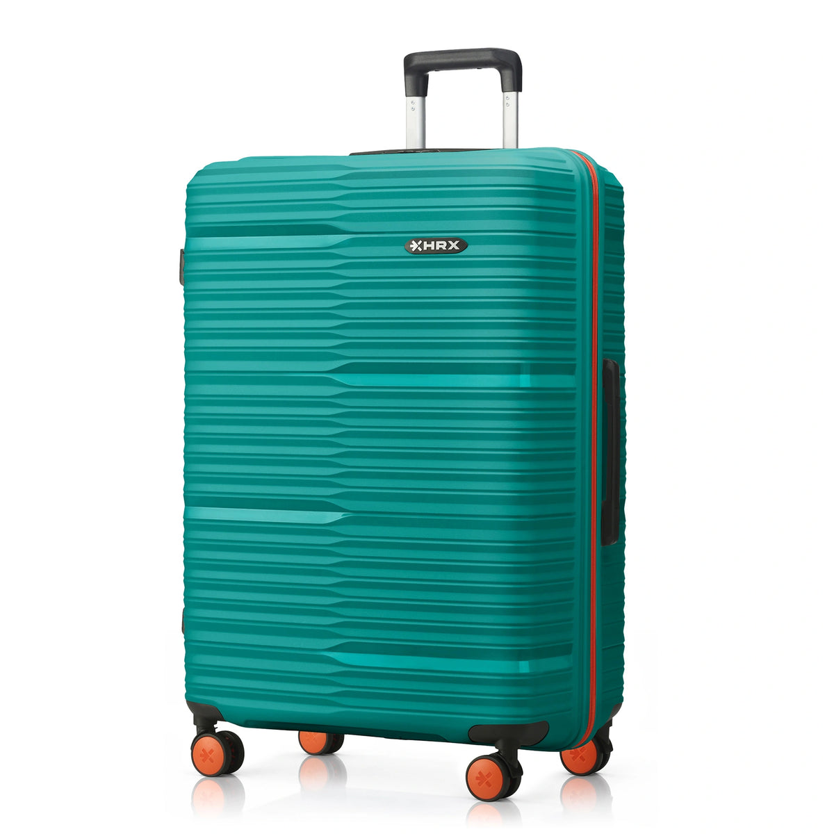 Teal large check-in suitcase with ribbed finish, telescopic handle, and spinner wheels
