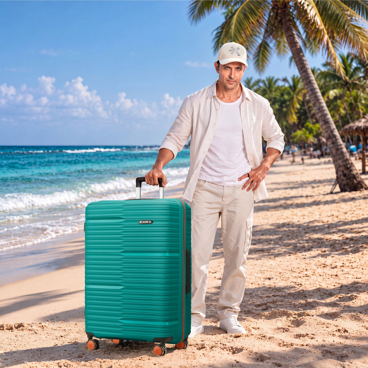 Teal large check-in suitcase with telescopic handle and spinner wheels