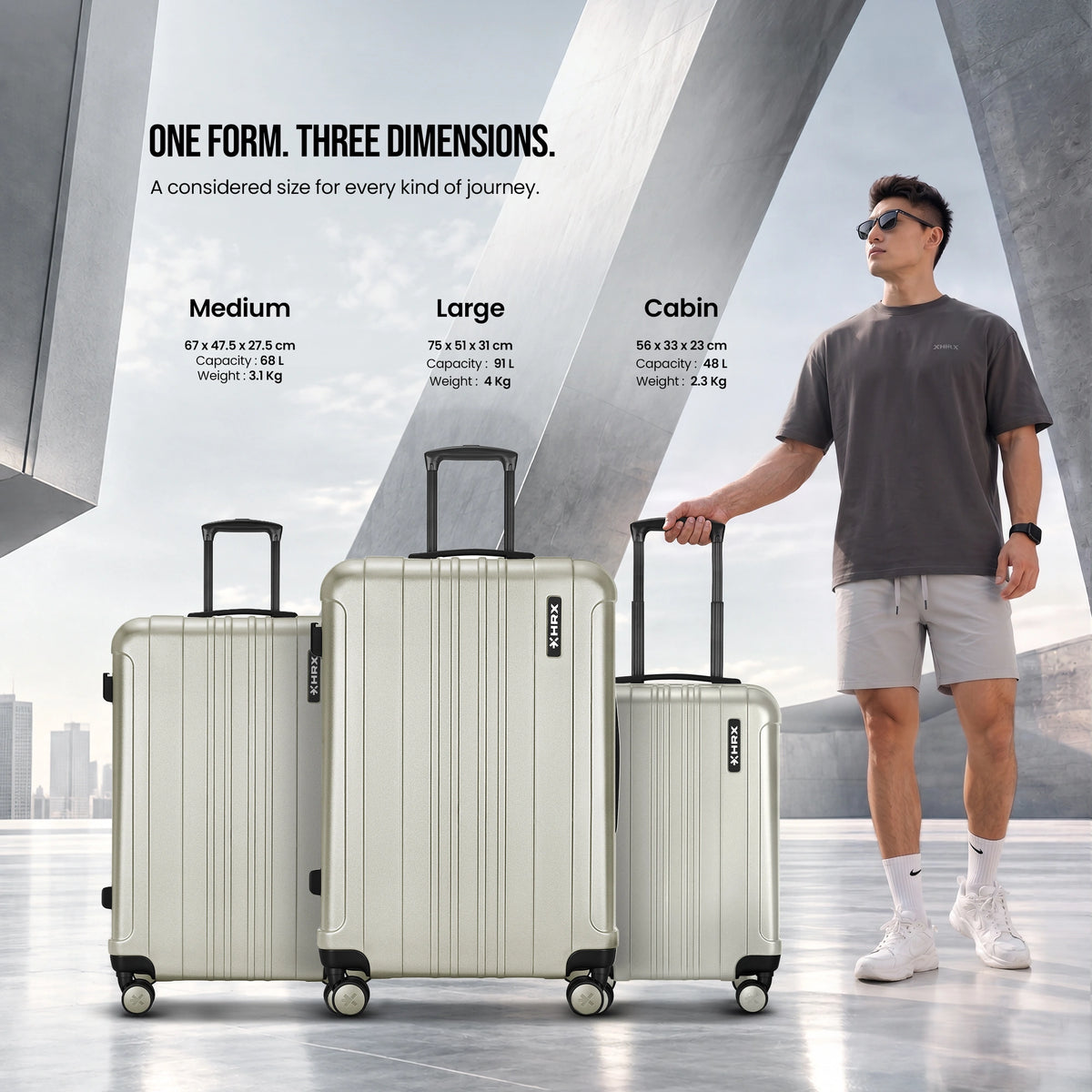 Large check-in suitcase with hard shell, telescopic handle, and 8 spinner wheels; light olive.