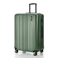 Green hard-shell check-in suitcase with front zipper handle and four spinner wheels.