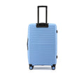 Hard-sided luggage suitcase, blue with black handle and 8 wheels, front view