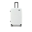 White hard-shell luggage with top handle and ridged surface, spinner wheels