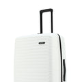Hard-sided luggage suitcase, white with black handle and side grip, 8-wheel design